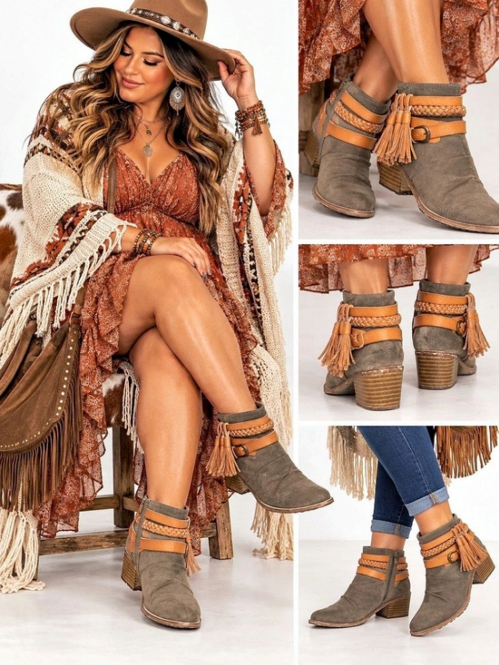 Western Boho Fringe Ankle Booties Size 8.5 Taupe Brown Braided Tassel
